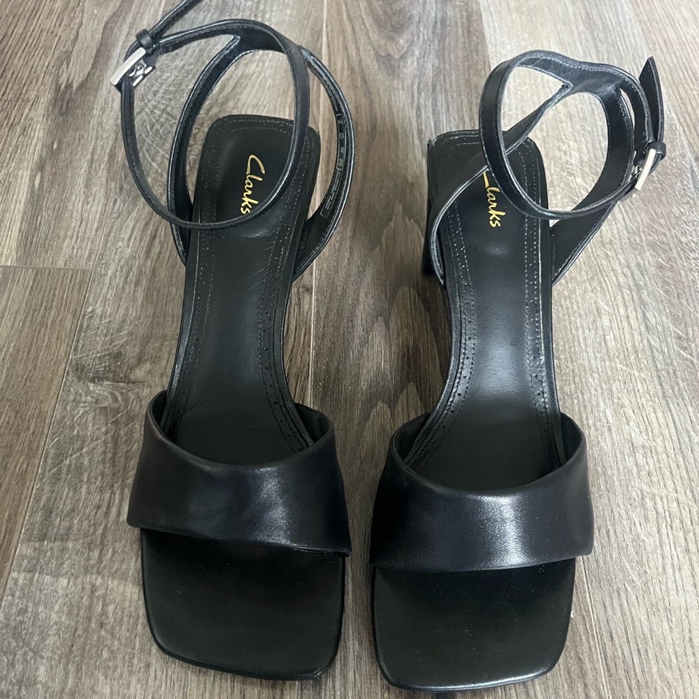 Clarks Black Leather Heeled Sandals